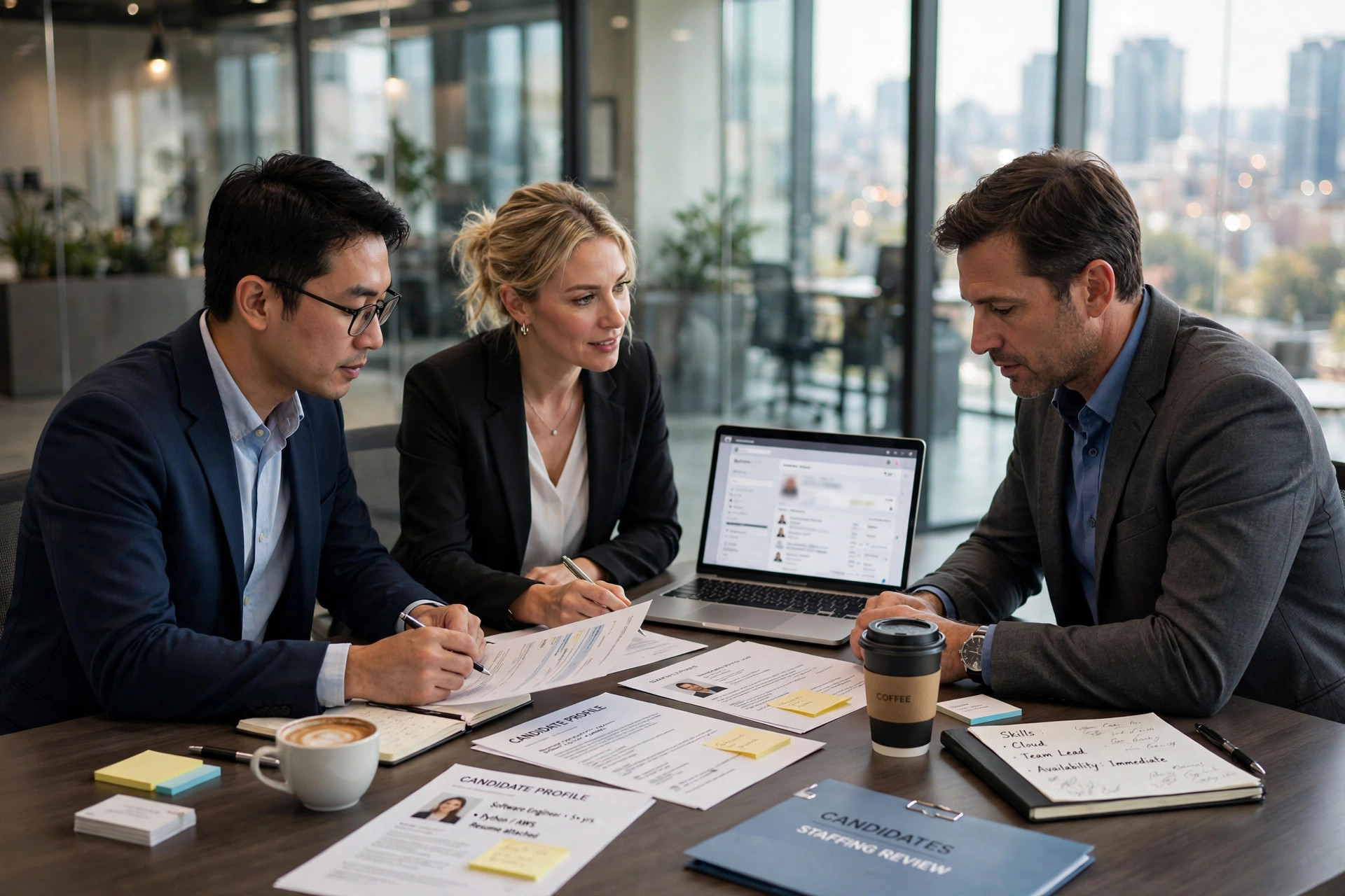 Staffing consultants reviewing candidate profiles with a client