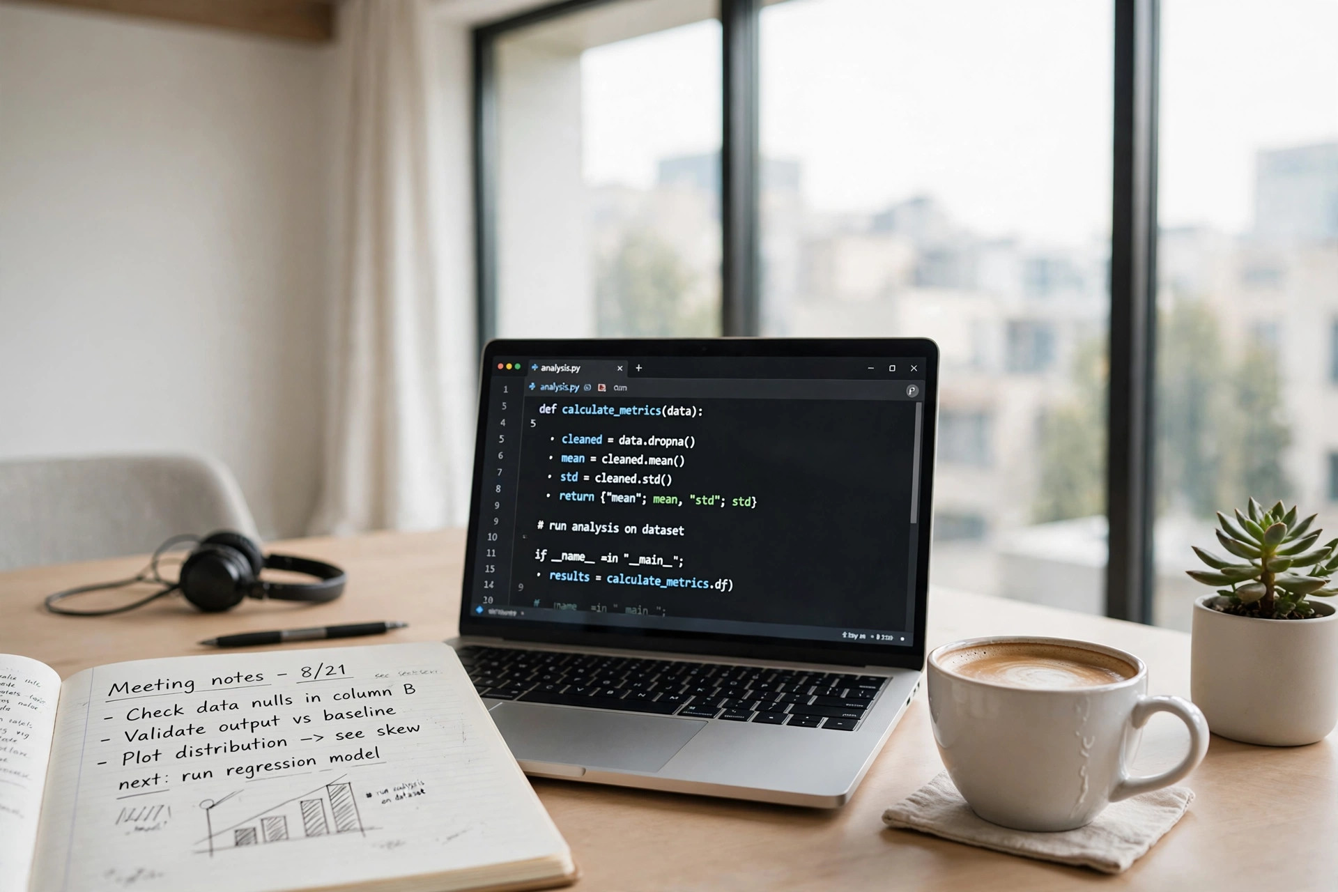 Modern workspace with laptop showing code